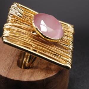 Anillo rectangular cuarzo rosa  (ajustable)