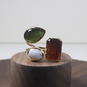 Anillo Triple piedra Agata Jade Cornalina Baño De Oro (ajustable)