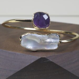 Pulsera Madre Perla Y Amatista Baño De Oro (ajustable)