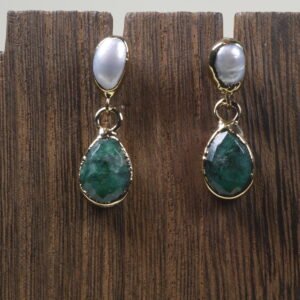 Aretes Esmeralda Y Perla Baño Oro